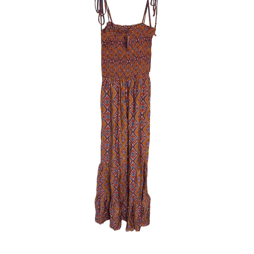 Wisteria Lane Orange Geometric Smocked Tie Strap Ruffle Wide Leg Jumpsuit Small